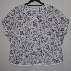 Tish Cox Whimsical Floral Multicolor Tunic Top Scrunch Short Sleeve Oversized M